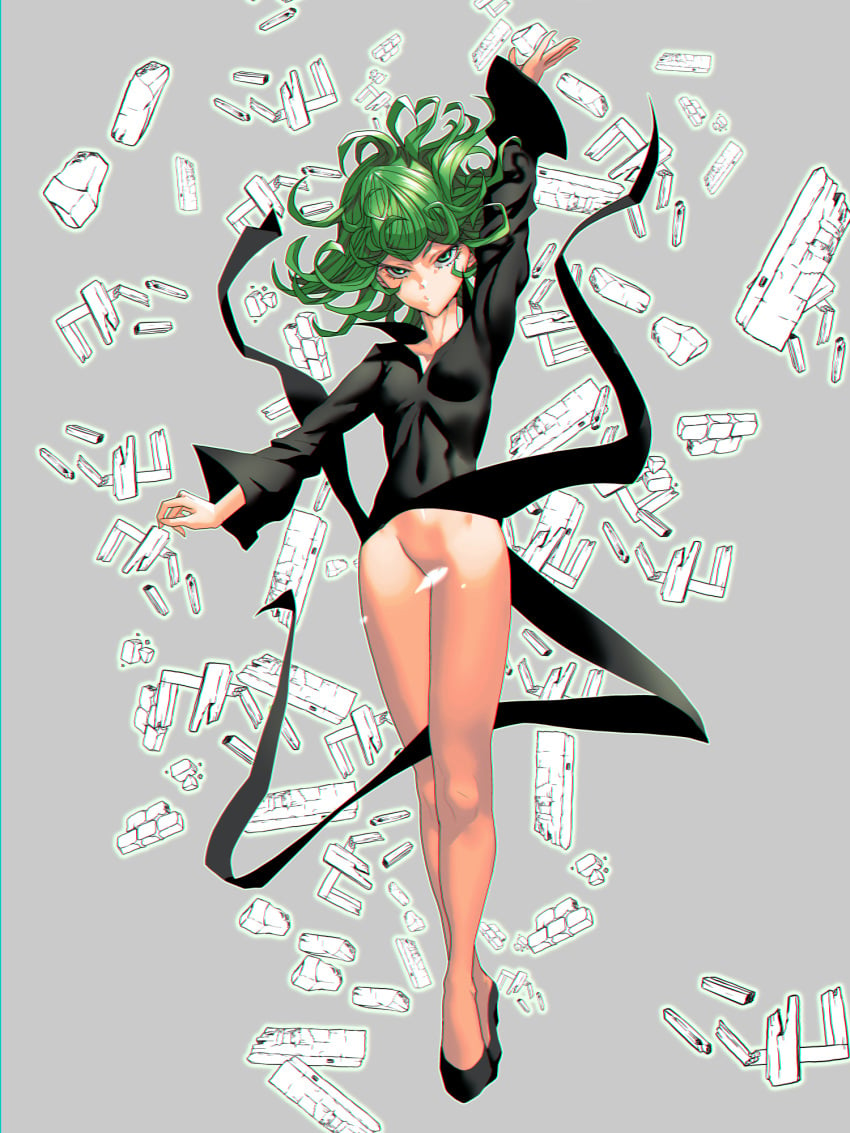 1girls arm_up bare_legs black_dress bottomless convenient_censoring curly_hair don_(rg06268) dress female female_only floating green_eyes green_hair high_heels no_panties nopan one-punch_man one_hand_up pelvic_curtain pussy short_hair skin_tight small_breasts solo tatsumaki thighs tight_clothing