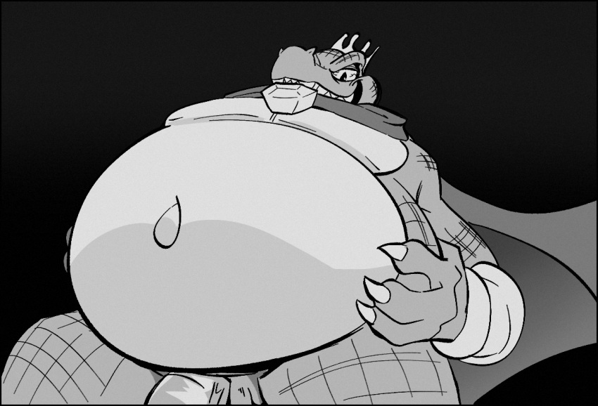 2024 anthro belly bracelet cape clothing crocodile crocodilian crown donkey_kong_(series) genitals headgear humanoid_genitalia humanoid_penis jewelry k_rool kremling male monochrome navel nintendo overweight overweight_male penis reptile scales scalie simple_background solo yellowluster