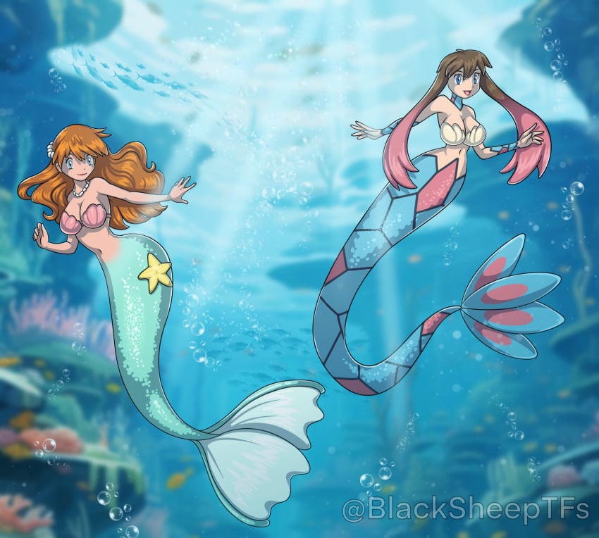 2girls 5_fingers big_breasts blacksheeptfs blue_tail bra breasts cleavage clothed clothing duo female female_only fish gem gym_leader hair happy hi_res humanoid humanoid_only jewelry jpeg kasumi_(pokemon) long_hair long_tail marine may_(pokemon) merfolk mermaid mermaid_only necklace nintendo pearl_(gem) pearl_necklace pokemon sea seashell_bra signature smile split_form tail underwater underwear water