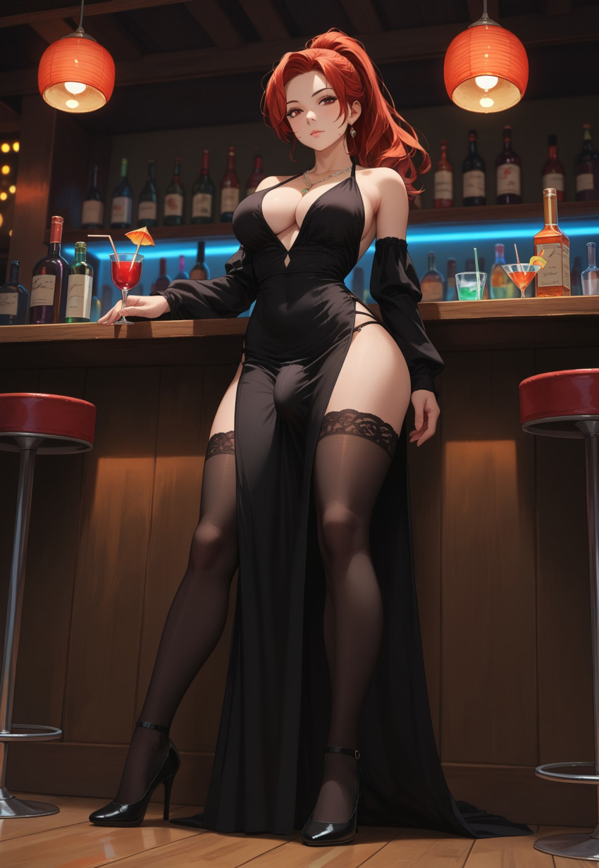 1futa ai_generated balls bar black_dress cleavage contrapposto dress evening_lady_(jamesbron) from_below futa_only futanari high_heels intersex jamesbron large_breasts legwear long_hair looking_at_viewer penis penis_bulge ponytail red_eyes red_hair seductive solo solo_futa standing thigh_slit thighhighs thighs wide_hips