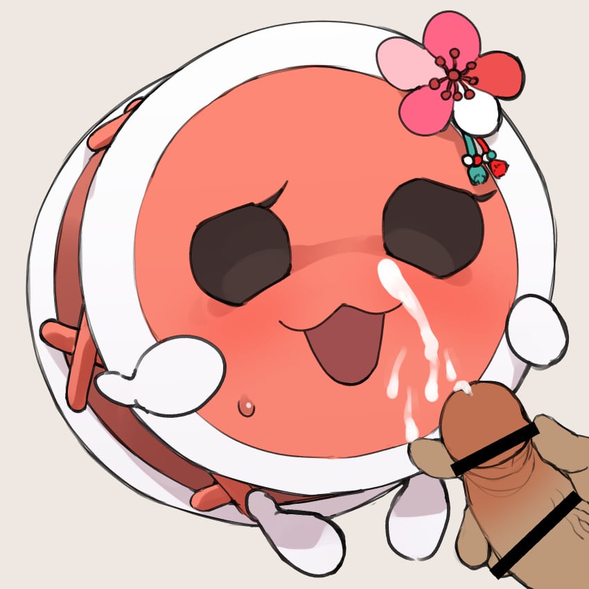 1:1 :3 :3d ambiguous_gender bodily_fluids censored cum cum_on_face donko_(taiko_no_tatsujin) drum duo flower genital_fluids genitals hi_res human male mammal musical_instrument open_mouth orgasm penis percussion_instrument plant rinrin_(pixiv) simple_background taiko_drum taiko_no_tatsujin video_games