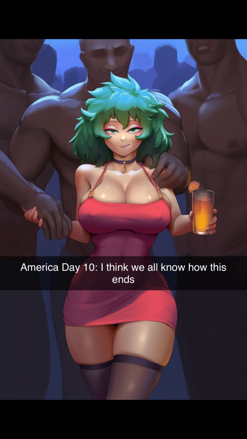 ai_generated black_men boku_no_hero_academia curvaceous curvy curvy_figure dark-skinned_male dark_skin english_text female female_deku genderbent genderswap_(mtf) holding_drink holding_hands human human_female indoors interracial izuku_midoriya large_breasts light-skinned_female light_skin male male/female minidress my_hero_academia nightclub rule63 rule_63 smug smug_grin smug_smile snapchat snowbunny sultry_eyes surrounded_by_men text thighhighs