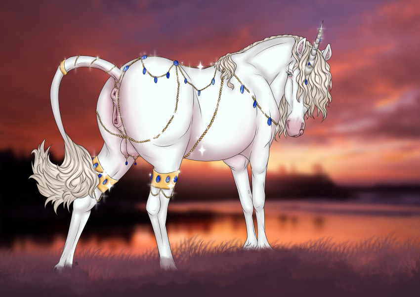 2018 anatomically_correct anatomically_correct_anus anatomically_correct_genitalia anatomically_correct_pussy animal_genitalia animal_pussy anus ass blue_eyes bracelet crotchboobs digital_media_(artwork) equid equine equine_anus equine_pussy fantasy female feral genitals hooves horn horse jewelry lake licking mammal mane pussy raised_tail royalty solo sunset tabascocat tongue tongue_out udders unicorn white_mane