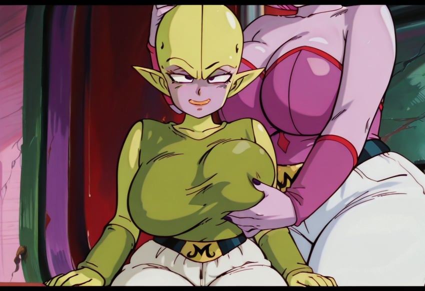 2girls ai_generated alien alien_girl arinsu bald belt big_breasts black_nails breasts breasts_bigger_than_head civitai civitai_lora cleavage demon demon_girl dr._arinsu dragon_ball dragon_ball_daima genderbent genderswap_(mtf) glind green_shirt green_skin green_skinned_female groping groping_breast groping_from_behind majin majin_coo majin_kuu nails no_bra offscreen_character offscreen_female painted_nails pants pointy_ears purple_skin purple_skinned_female rule_63 sitting smile standing tagme white_pants yuri