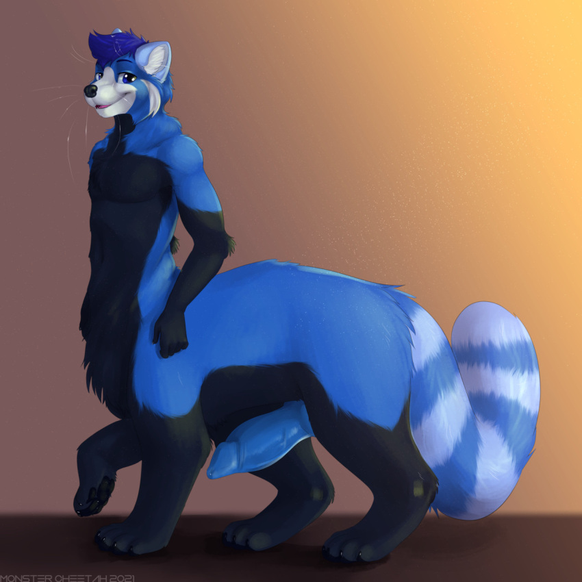 1:1 2021 4_toes 5_fingers ailurid black_body black_fur blue_body blue_eyes blue_fur blue_hair digital_media_(artwork) eyebrows eyelashes feet fingers fur furry furry_only hair hi_res male male_only mammal monstercheetah red_panda smile solo tail taur toes