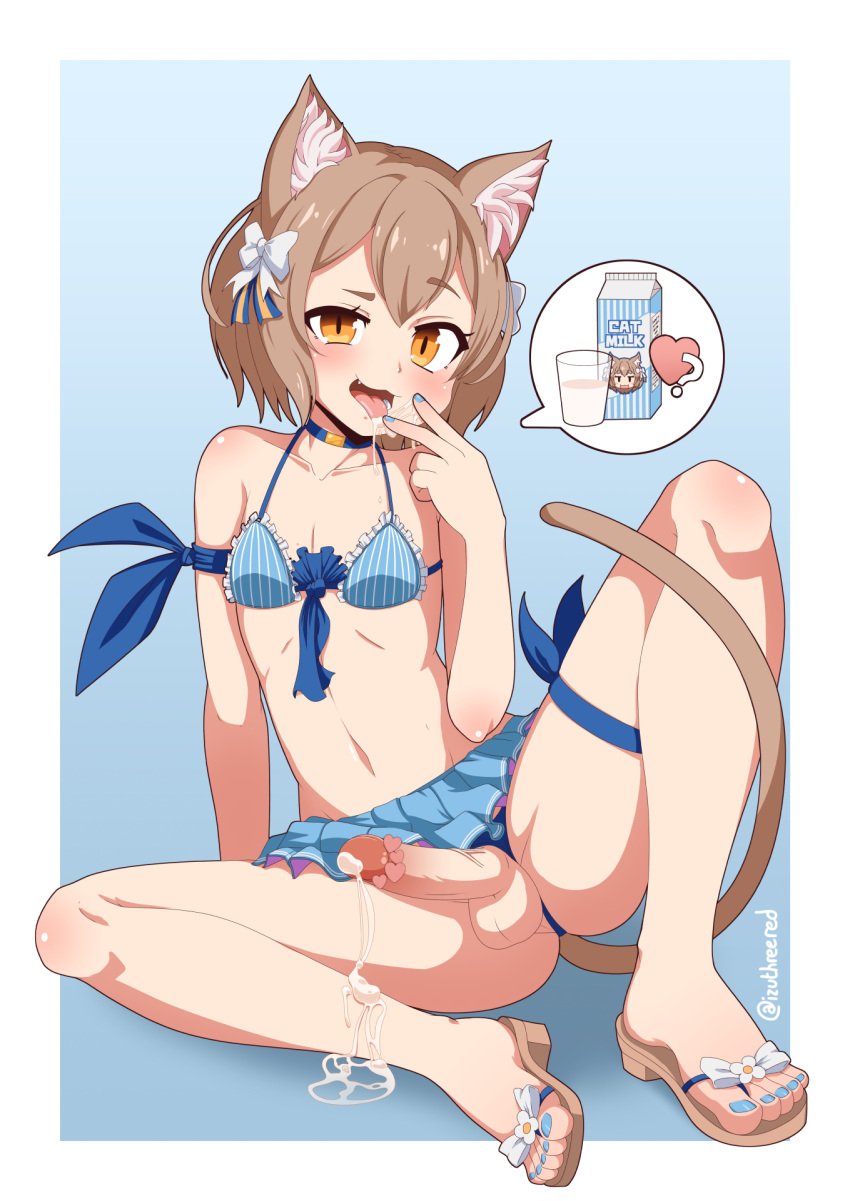 1boy amber_eyes androgynous animal_ears artist_name balls ballsack bikini blonde_hair blush cat_ears censored choker cum erection eye_contact feet felix_argyle femboy flat_chest girly heart_censor humanoid izuthree licking_cum looking_at_viewer male male_only orange_eyes penis penis_out perineum re:zero_kara_hajimeru_isekai_seikatsu sandals scrotum semen short_hair smooth_skinned_male solo spread_legs tail testicles thighs toony underwear_aside veiny_penis