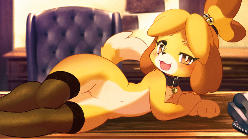 2019 4_fingers accessory ancesra animal_crossing anthro bedroom_eyes bell belt_collar black_clothing black_collar black_legwear black_nose black_stockings blonde_eyebrows blonde_hair blush blush_lines breasts brown_ears brown_eyes brown_hair canid canine canis chair chest_tuft clitoral_hood clothing collar collar_tag colored countershade_face countershade_legs countershade_torso countershading cute_fangs day desk detailed_background digital_media_(artwork) digital_painting_(artwork) domestic_dog eyebrows eyelashes female fingers flat_chest floppy_ears front_view fur fur_tuft furniture genitals hair hair_accessory hair_tie heart_collar_tag hi_res humanoid_genitalia humanoid_pussy inside iris isabelle_(animal_crossing) legs_together legwear light lighting looking_at_viewer lop_ears lying mammal mostly_nude multicolored_body multicolored_fur multicolored_hair narrowed_eyes nintendo nipples office office_chair on_desk on_side open_mouth open_smile phone portrait pupils pussy red_tongue seductive shaded shih_tzu small_breasts smile solo stockings sunlight tan_nipples three-quarter_portrait tied_hair tongue toy_dog tuft two_tone_body two_tone_fur two_tone_hair two_tone_tail video_games white_body white_countershading white_fur white_pupils white_tail yellow_body yellow_fur yellow_tail