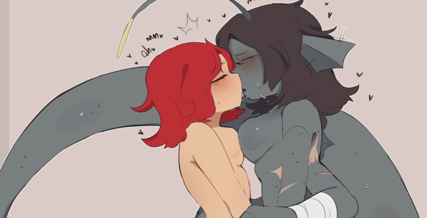 2girls anonymous_female bandaged_arm blue_eyes blush blushing_female breasts breasts_pressed_against_another breasts_pressed_together brown_hair closed_eyes clovii_nsfw color colored digital_media_(artwork) duo duo_female ear_fins eyes_half_open female female/female female_focus female_human female_monster female_only fish_humanoid genderbent genderswap genderswap_(mtf) girl_monster girls girls_kissing girls_only grey_skin heart_symbol hearts_around_head human_female human_girl human_with_monster kissing lesbian_focus lesbian_kiss lure_(anatomy) making_out merfolk mermaid moaning moaning_in_pleasure monster monster/human monster_female monster_girl naked naked_female non-human nonhuman nude nude_female pressing_breasts pressing_breasts_together pressure_(roblox) red_hair roblox roblox_game rule_63 saliva_string saliva_trail scars sebastian_solace short_hair simple_background sweat sweatdrop sweating sweaty yuri