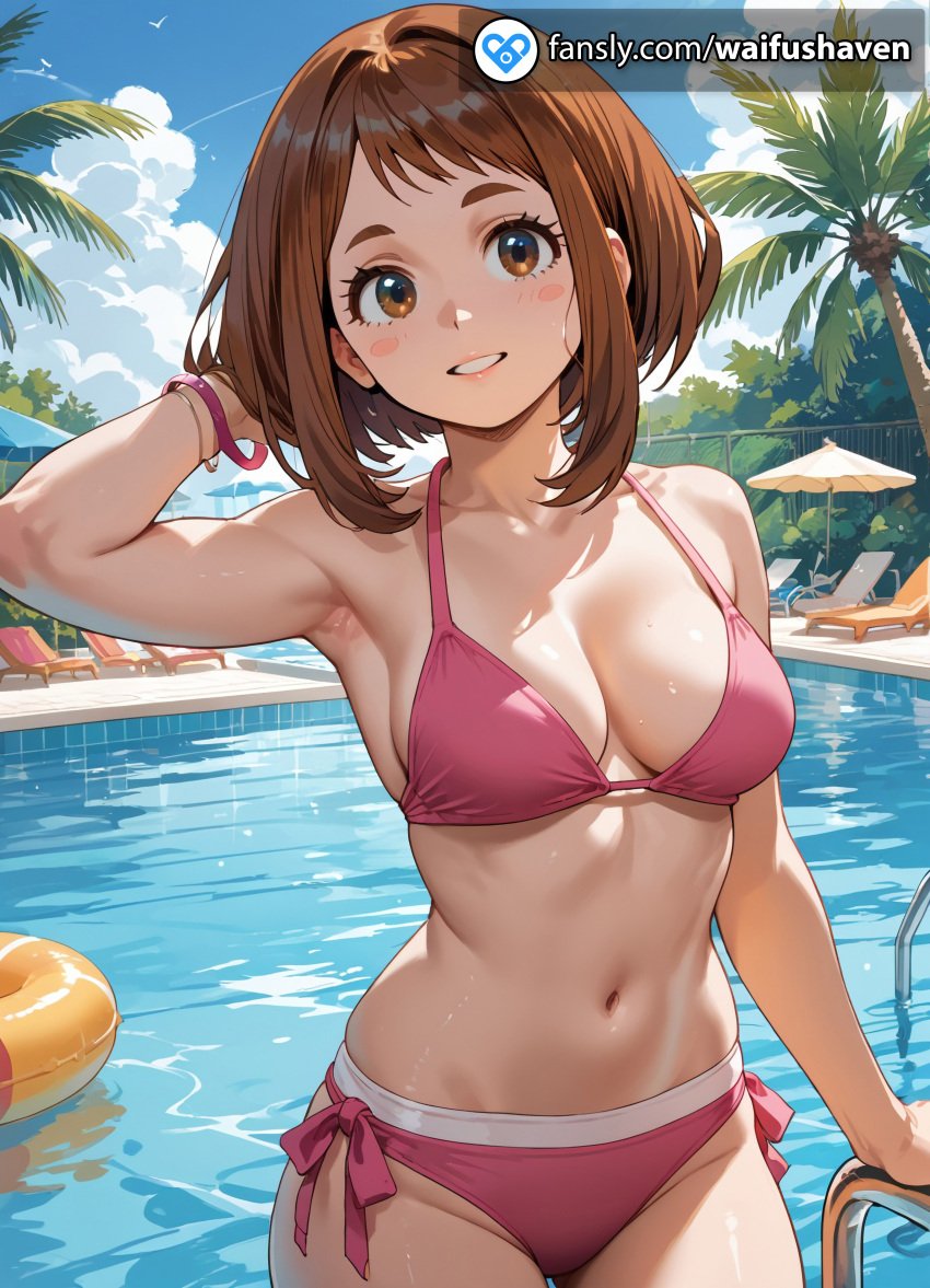 1girls ai_generated beach bikini bikini_bottom bikini_top boku_no_hero_academia breasts brown_eyes brunette_hair female in_public my_hero_academia ochako_uraraka pool pool_party pov solo teenage_girl teenager uraraka_ochako viewer_pov young