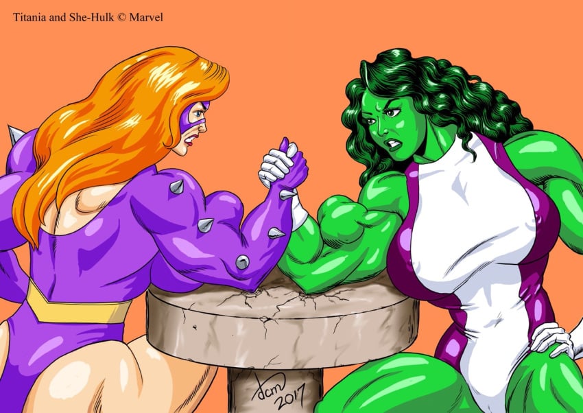 2girls angry arm_wrestling ass back backside belt biceps big_breasts blue_eyes costume cracks dcmatthews female female_only gloves green-skinned_female green_hair green_skin hulk_(series) leotard long_hair marvel marvel_comics multiple_girls muscles muscular muscular_arms muscular_female nipple_bulge orange_hair she-hulk sideboob signature spikes stone strawberry_blonde_hair strength superheroine supervillain supervillainess table thick_thighs thighs titania_(marvel) villain villainess