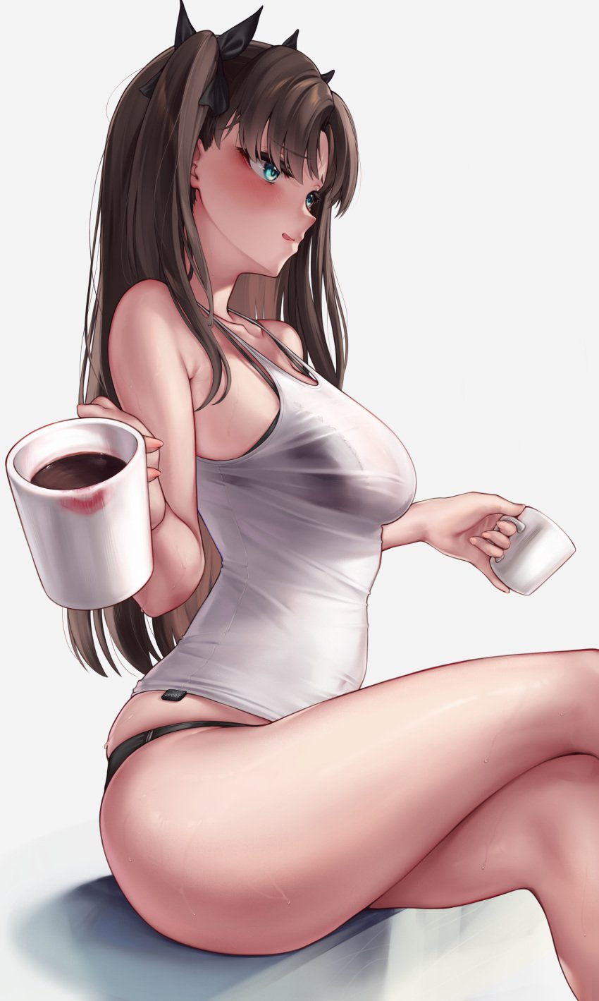 :q absurdres black_bra black_panties blue_eyes bra bra_visible_through_clothes breast_expansion breasts brown_hair coffee_mug collarbone crossed_legs cup dual_wielding ed_granger fate/stay_night fate_(series) female from_side highres holding holding_cup licking_lips lipstick_mark medium_breasts mug panties see-through_clothes see-through_shirt sequence shirt simple_background sitting solo strap_gap sweat tank_top thighs tohsaka_rin tongue tongue_out two_side_up underwear white_background white_tank_top