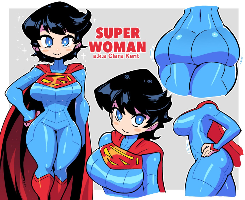 1girls ass ass_focus black_hair blue_eyes bodysuit cape character_sheet clara_kent clark_kent costume crap-man cute dc english_text female female_only highres kryptonian looking_at_viewer medium_hair red_cheeks rule_63 solo solo_female superheroine superman_(series) superwoman tight_clothing