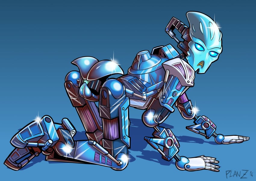 armor bionicle blue_eyes blue_skin exposed_pussy female female_only glowing_eyes kneeling lego looking_at_viewer looking_back mechanical nokama on_knees planz34 pussy robot robot_girl robot_humanoid shiny simple_background smooth_skin toa vagina