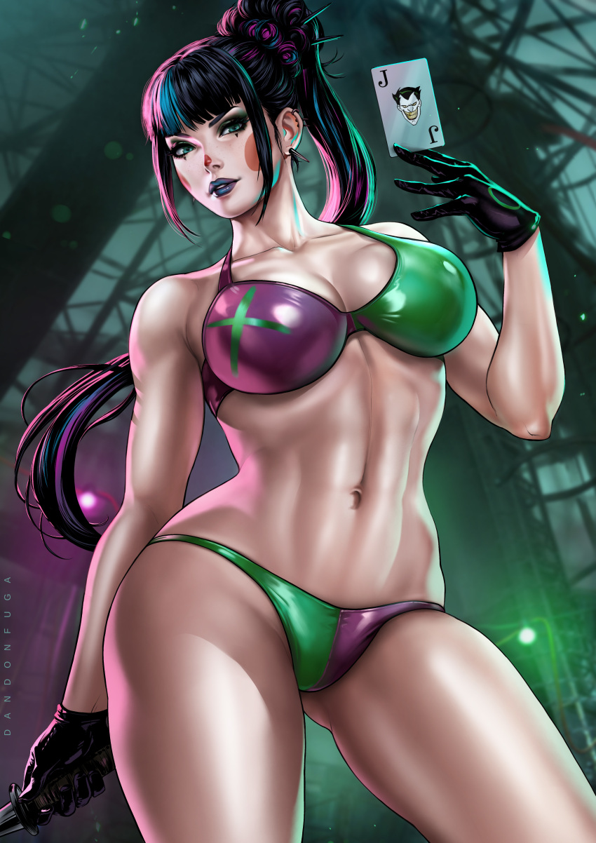 1girls abs alexis_kaye alt_girl batman_(series) bikini bikini_bottom bikini_top black_hair card child_bearing_hips clothed clothing clown clown_girl clown_makeup dandon_fuga dc dc_comics freckles gloves goth goth_girl green_eyes holding_card holding_knife long_hair long_ponytail looking_at_viewer navel punchline_(dc) solo solo_female solo_focus spiked_earrings thick_thighs toned toned_female two_tone_clothing