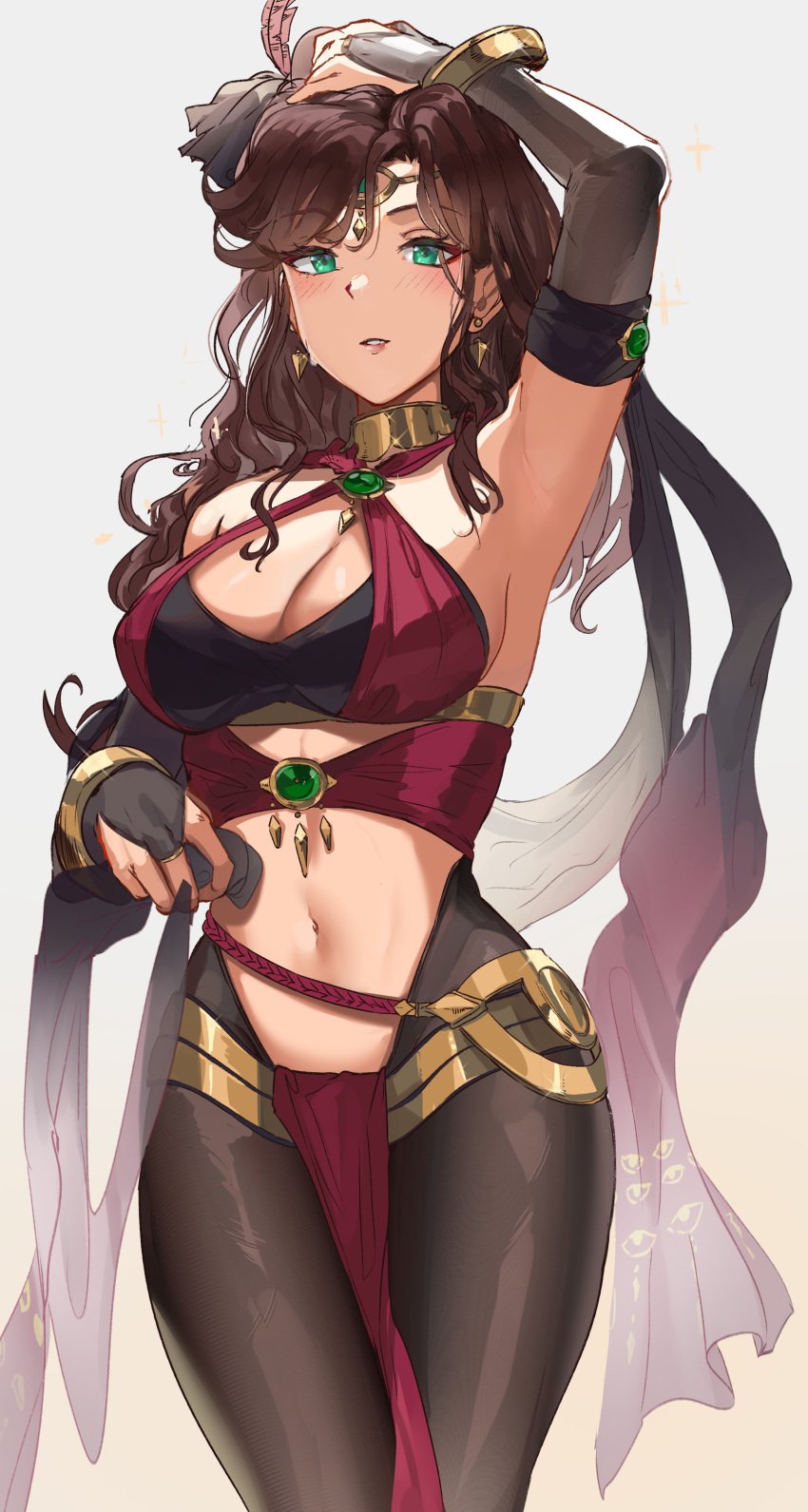 1girls absurdres alternate_costume armpits bangs bare_shoulders black_legwear blush bracelet breasts bridal_gauntlets brown_hair circlet cleavage criss-cross_halter dancer detached_sleeves dorothea_arnault dorothea_arnault_(plegian) earrings female female_only fire_emblem fire_emblem:_three_houses fire_emblem_heroes green_eyes halterneck harem_outfit highres jewelry large_breasts long_hair looking_at_viewer navel nintendo ormille pantyhose parted_lips pelvic_curtain pendant sash simple_background white_background