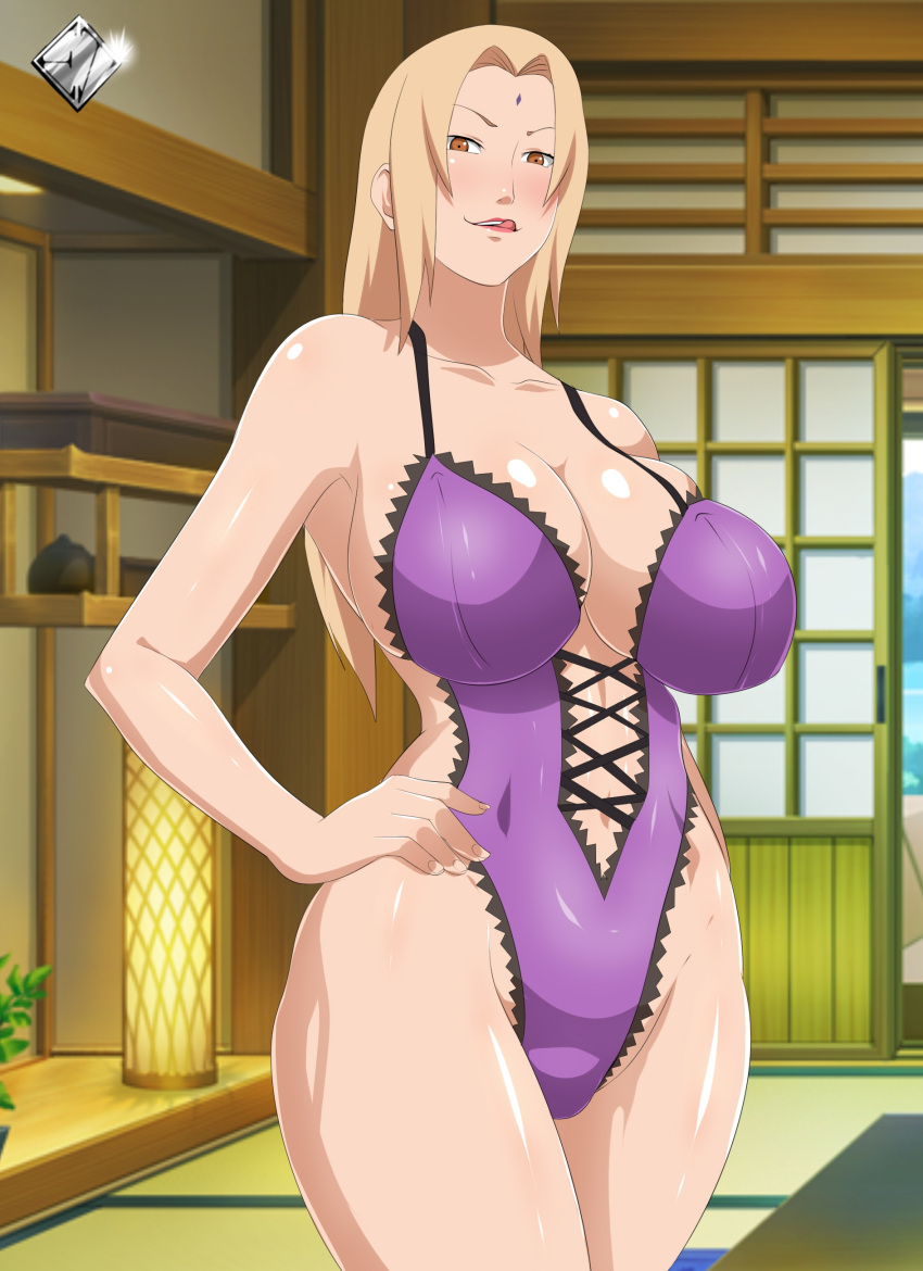 1girls blonde_hair breasts clothed ed-jim female female_only huge_breasts large_breasts licking_lips lingerie long_hair looking_at_viewer naruto shiny_skin shounen_jump skindentation solo solo_female source_request tongue tongue_out tsunade whentai