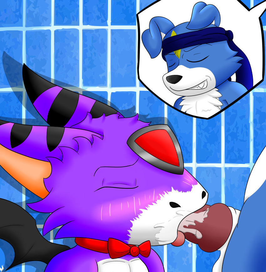 absurd_res anthro anthro_on_anthro anthro_penetrated anthro_penetrating anthro_penetrating_anthro blue_body blue_scales blush bodily_fluids canid canine canis closed_eyes cum cum_in_mouth cum_inside demon digimon digimon_(species) digital_media_(artwork) domestic_dog dorumon dracky_the_gaomon dragon duo facial_markings fangs feathered_wings feathers fellatio foxy_the_dorumon fur furred_dragon gaomon genital_fluids genitals hair head_markings hi_res horn male male/male mammal markings membrane_(anatomy) membranous_wings oral oral_penetration orgasm orgasm_face penetration penile penile_penetration penis purple_body purple_fur purple_skin scales sveemon tongue whiskers white_body white_fur white_hair wings x-digimon