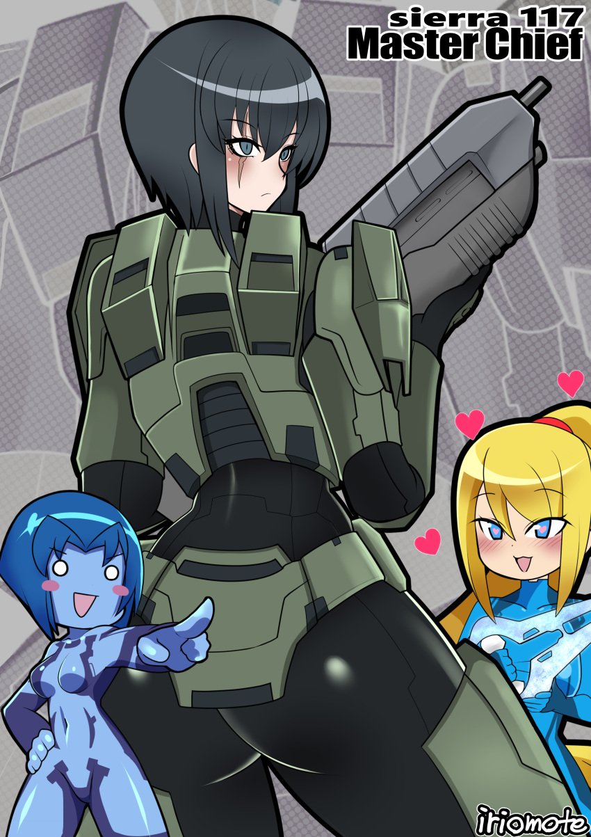 2d 3girls armor artificial_intelligence ass blonde_hair blue_hair blue_skin bodysuit cortana crossover female_only female_spartan_(halo) genderswap_(mtf) gun halo_(series) iriomote_umineko master_chief metroid nintendo nude_female rule_63 samus_aran scar source_request spartan_(halo) spartan_ii_(halo) weapon zero_suit