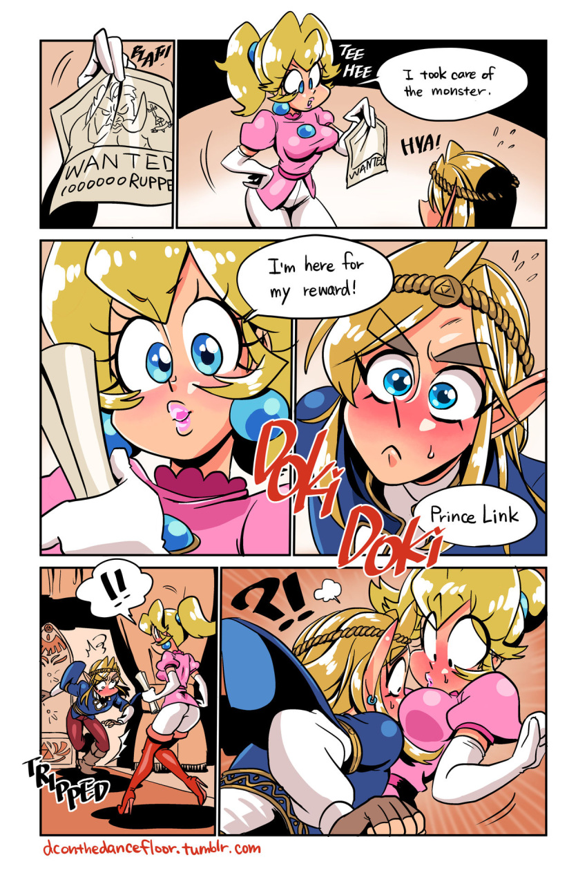 1boy 1girls ass blonde_hair blue_eyes blush boots brooch clitoris clothed clothing comic crossover dialogue earrings elbow_gloves english_text eyebrows eyelashes female ganon hair hair_ornament high_heel_boots highres horny humor legwear link lips lipstick male mario_(series) nintendo onomatopoeia opera_gloves paper pointy_ears ponytail princess_peach sasatseng shield speech_bubble straight sword text the_legend_of_zelda thigh_boots thigh_high_boots thighhigh_boots tied_hair wanted_poster web_address wide_eyed