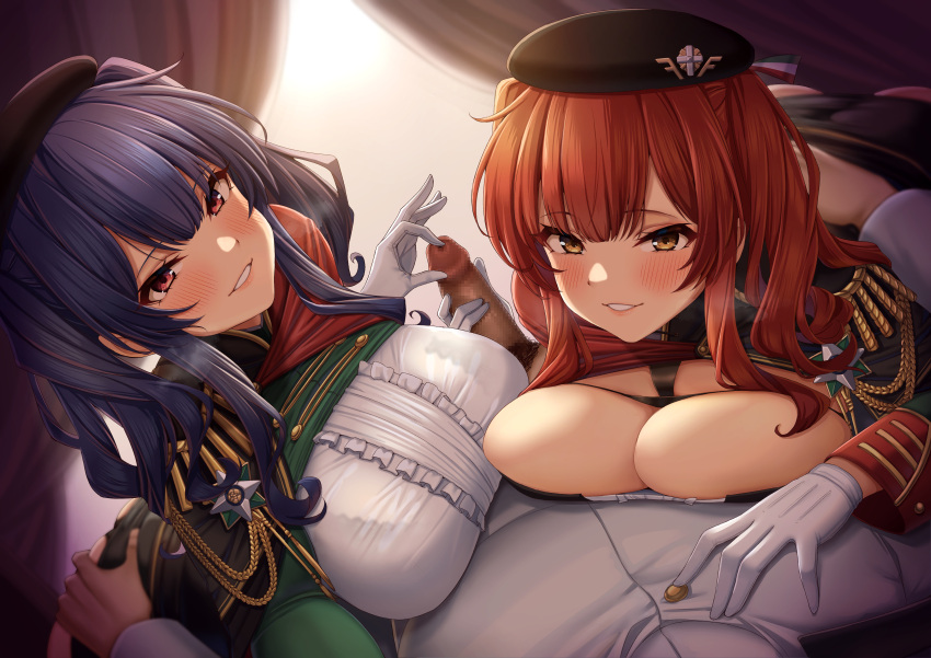 1boy 2girls :d :q absurdres aiguillette ass_grab azur_lane bangs beret black_headwear blush bra_through_clothes bra_visible_through_clothes breast_press breasts brown_eyes cape censored center_frills cleavage commander_(azur_lane) commentary_request curtains dress epaulettes eyebrows_visible_through_hair frills gloves handjob hat heavy_breathing highres huge_breasts indoors long_hair looking_at_viewer lower_teeth lying male_pubic_hair military military_uniform momo_no_sukebe mosaic_censoring multiple_girls multiple_handjob naval_uniform on_back open_mouth penis pola_(azur_lane) pov pubic_hair purple_hair red_eyes red_hair sidelocks skindentation smile smirk straight taut_clothes taut_dress teasing_penis tongue tongue_out twintails underwear uniform white_gloves zara_(azur_lane)