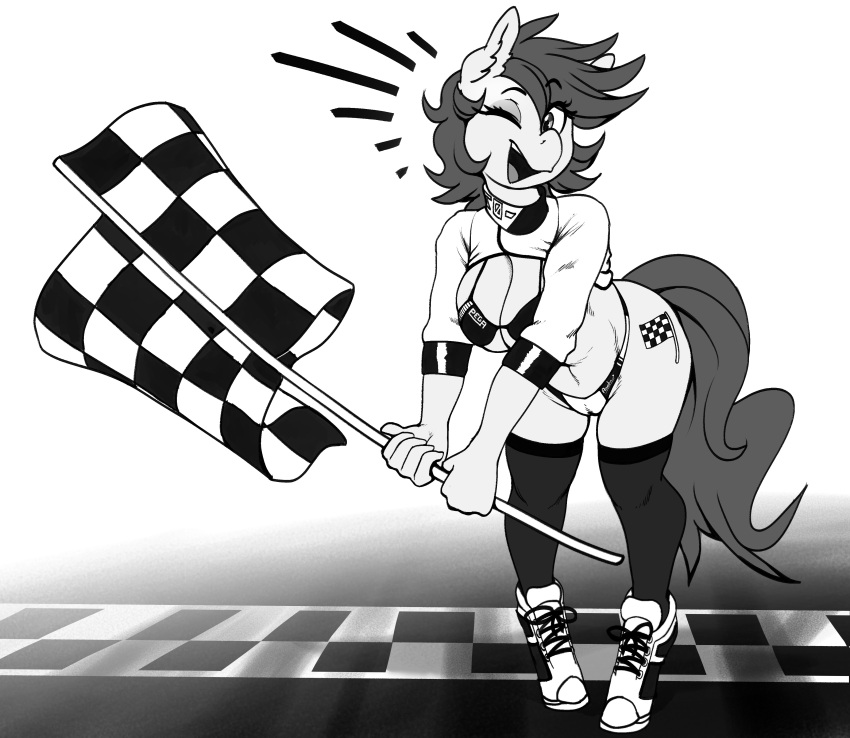 1girls absurd_res anthro bra breasts cameltoe checkered_flag cleavage clothed clothing equid equine fan_character female flag hasbro hi_res horse mammal monochrome my_little_pony nobody_(oc) one_eye_closed pan pony replica_(artist) solo underwear wink