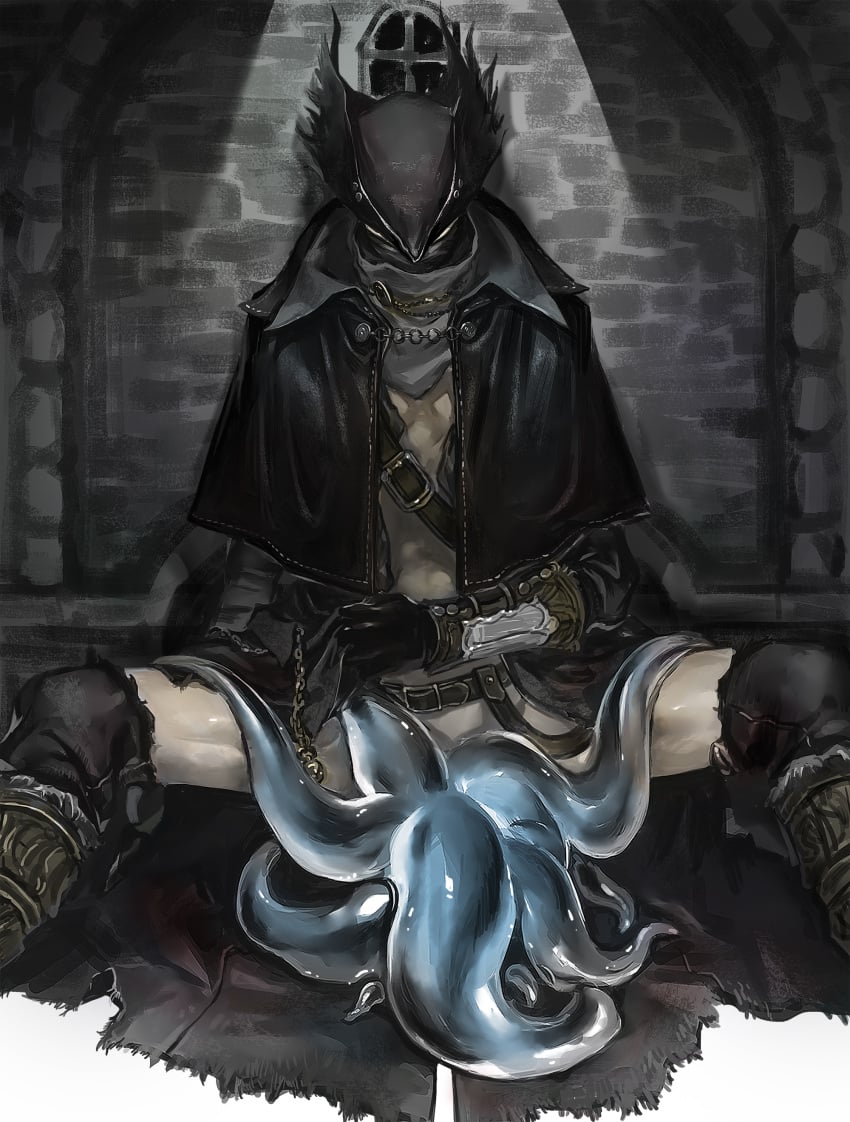 1boy absurdres armor bare_pecs belt black_capelet black_gloves black_headwear bloodborne capelet covered_mouth creature detailed dungeon eldritch_abomination fromsoftware gloves hat highres hunter_(bloodborne) implied_fellatio implied_oral indoors light_rays looking_down male_focus mask mouth_mask painting_(artwork) pilgrim_(silentreverie) sitting solo_focus spread_legs tentacle torn torn_clothes vambraces