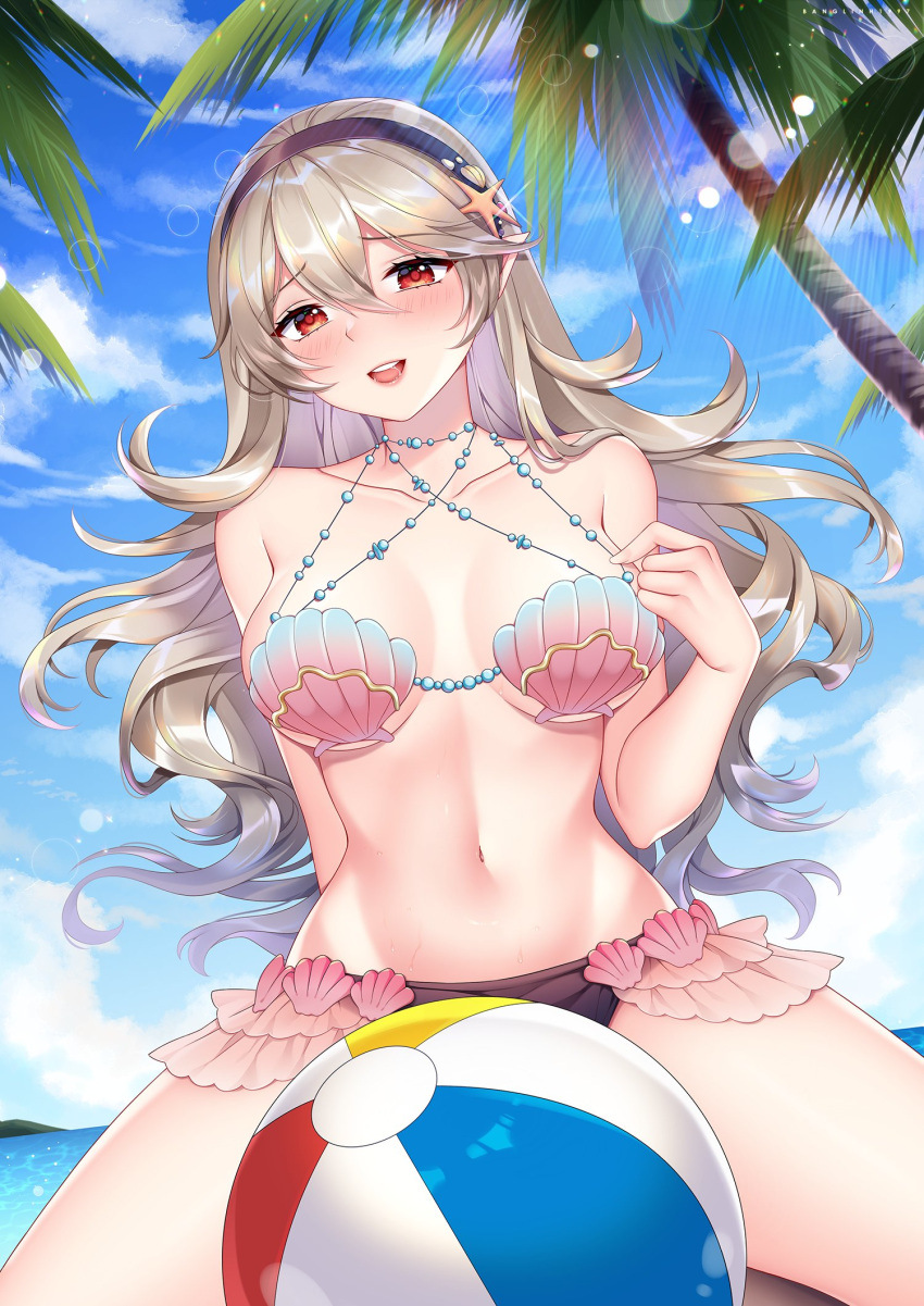 1girls alternate_costume ball banglinh1997 beach_ball big_breasts bikini blush corrin_(fire_emblem) corrin_(fire_emblem)_(female) corrin_(summer)_(fire_emblem)_(female) fire_emblem fire_emblem_cipher fire_emblem_fates long_hair looking_at_viewer nintendo open_mouth open_smile red_eyes seaside shell_bikini smile solo solo_female summer swimsuit