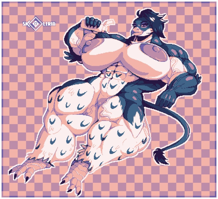 abs anthro avian beak big_breasts big_muscles bird bottle claws feathers female huge_breasts huge_muscles hyper_muscles lying lying_on_back muscular muscular_female pecs penguin penguin_girl pink_nipples pixel_art sharp_claws skolerin solo spotted_belly spotted_body spotted_fur tagme tail vein veins white_belly