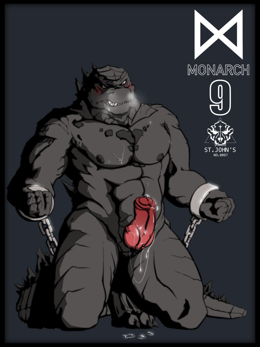 abs absurd_res angry anthro biceps black_body black_border bodily_fluids border bound breath chained chains cum genital_fluids genitals godzilla godzilla_(series) hands_tied hi_res kaiju kneeling male male_only muscular muscular_anthro muscular_male nipples no_name_(artist) panting pecs penis scalie solo struggling sweat teeth toho