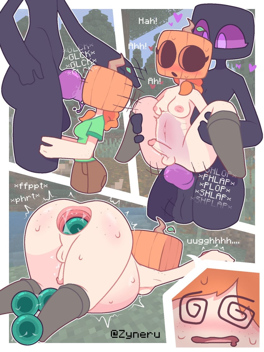 2dickgirls after_sex alex_(minecraft) anal anal_insertion anal_penetration anal_sex ball_in_ass balls big_ass black_body blowjob breasts clothed clothing dickgirl dizzy_eyes ender_pearl enderman fully_clothed futa_sans_pussy futanari gaping ginger humanoid knot light_skin minecraft nude oral oral_sex oviposition penis pumpkin_head purple_dick size_difference x-ray zyneru