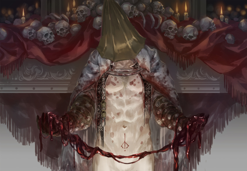 1boy abs alfred_(bloodborne) blood bloodborne bloody_clothes bloody_hands candle cape chest_hair collarbone detailed detailed_background fire flame fromsoftware guro helm helmet highres holding holding_organ indoors male_focus navel organs painting_(artwork) pilgrim_(silentreverie) pubic_tattoo ribs skull solo white_cape