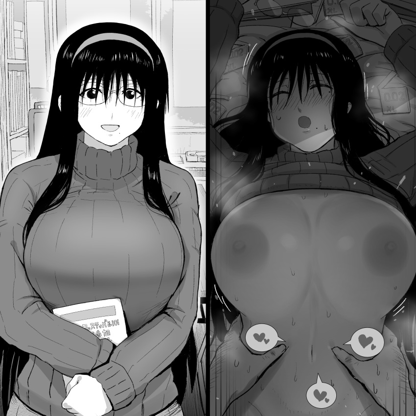 1boy absurdres arms_up blush book breasts breasts_out breath closed_eyes clothing condom_wrapper female game_console genshiken glasses greyscale guhanshounen hairband heart highres holding holding_book indoors instant_loss_2koma large_breasts long_hair lying mole mole_under_eye mole_under_mouth monochrome navel on_back oono_kanako open_mouth playstation playstation_1 ribbed_sweater round_eyewear sex smile speech_bubble spoken_heart sweater turtleneck turtleneck_sweater