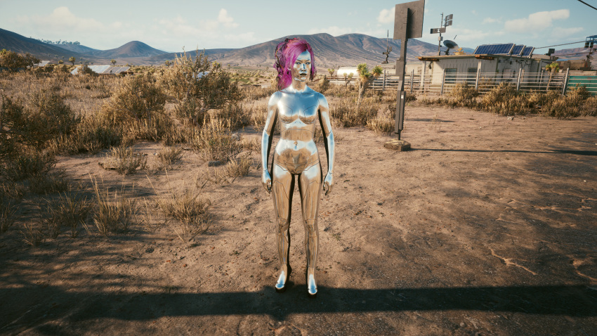 1girls 2021 cgi chromebody cyberpunk cyberpunk_2077 lizzy_wizzy pink_hair solo_female