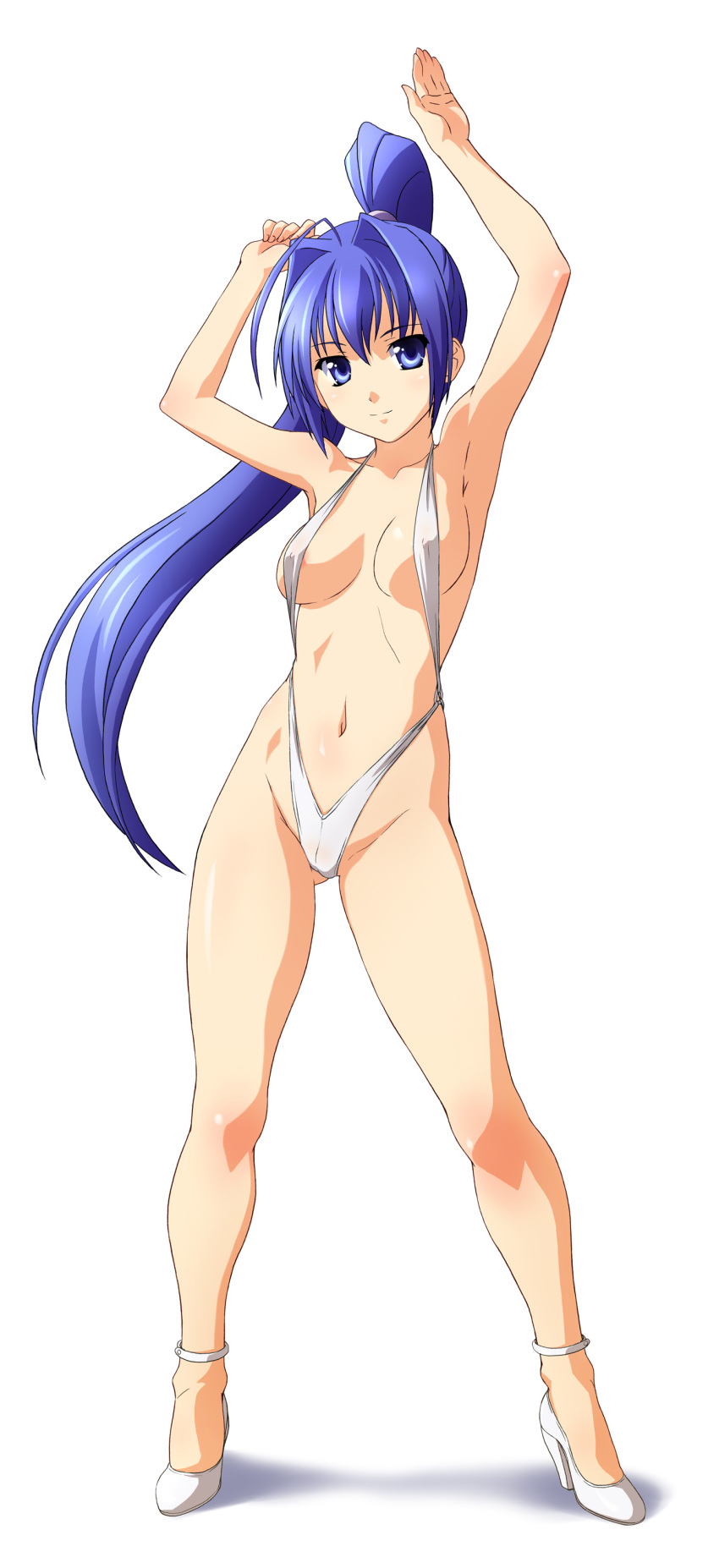 armpits arms_up bikini blue_eyes blue_hair breasts hayase_mitsuki high_heels highres kimi_ga_nozomu_eien mitsuki_hayase nipple_slip nipples norizou_type-r pretzel_bikini shoes sling_bikini swimsuit