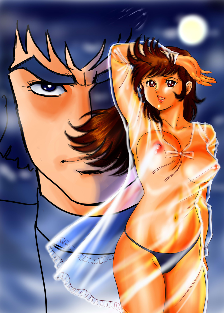 1girls 2009 breasts brown_eyes brown_hair dark-skinned_female dark_skin female great_mazinger human jun_hono large_breasts long_hair mazinger nipples panties tatuya2008 tetsuya_tsurugi transparent_clothing