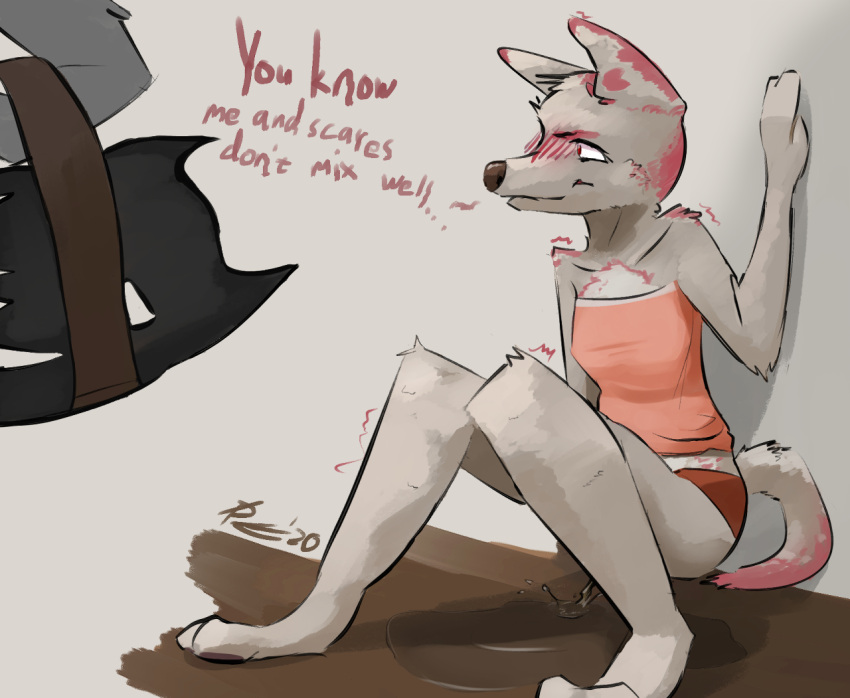 2020 anthro blush bodily_fluids breasts canid canine canis clothed clothing domestic_dog female genital_fluids grey_background mammal nopetrol peeing peeing_self pink_clothing pink_shirt pink_topwear shirt simple_background topwear urine urine_pool watersports