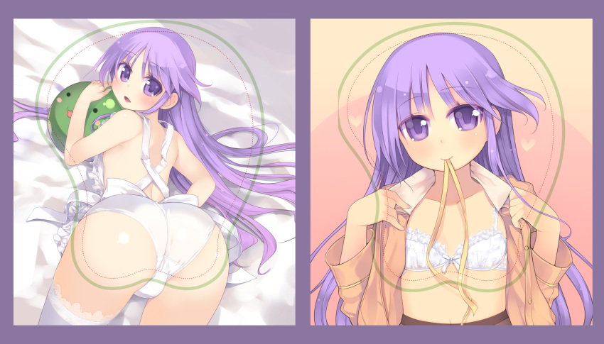 arched_back ass ass_up blush bottomless bra crossdressing femboy girly happiness happiness! highres jun_watarase kashiwamochi_yomogi lingerie long_hair male_only mouth_hold naked_apron nearly_naked_apron open_clothes open_mouth open_shirt panties purple_eyes purple_hair school_uniform shirt thighhighs top-down_bottom-up trap underwear undressing watarase_jun white_legwear white_panties white_thighhighs