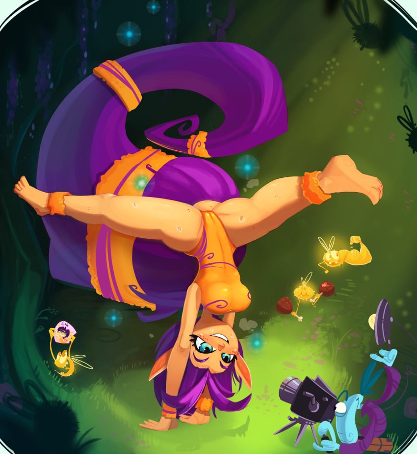 1girls goooop lum_(rayman) ly_(rayman) photoshoot pointy_ears purple_hair rayman_(series) spread_legs sweat upside-down