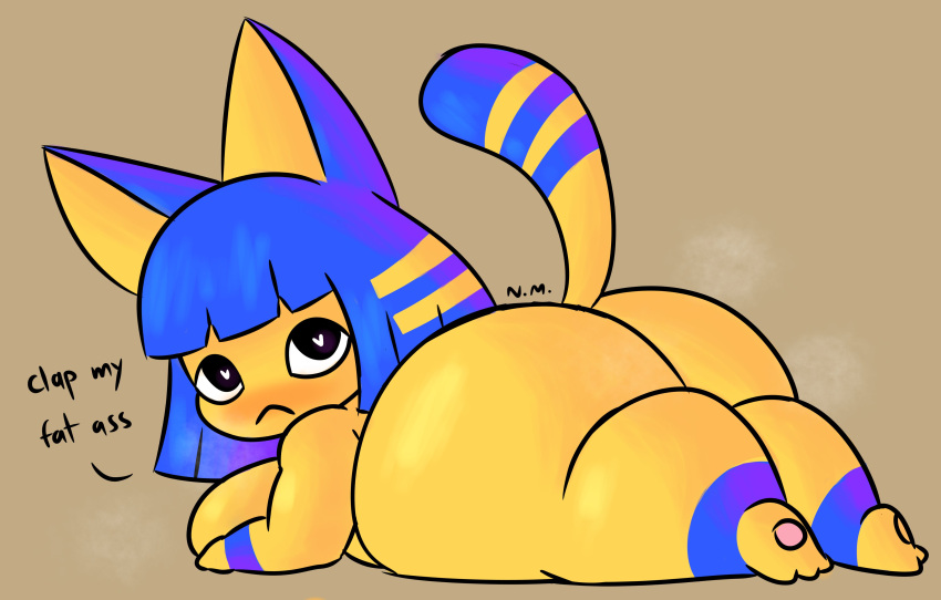 animal_crossing ankha blue_fur blue_hair cat_ears cat_tail feline heart-shaped_pupils large_ass larger_female laying_on_stomach looking_at_viewer looking_back nintendo purple_eyes shortstack sleepyslut steam talking_to_viewer toe_beans yellow_body yellow_fur yellow_hair