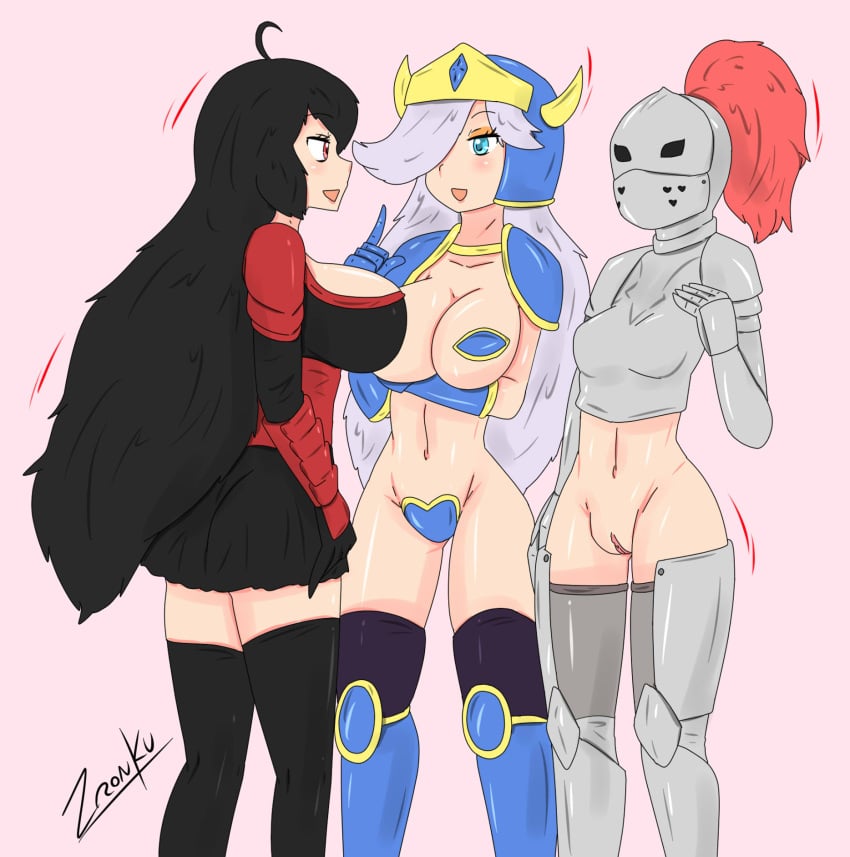 3girls armor armwear booby_knight_(drshanks24) booby_quest exposed_torso female female_only fully_clothed headwear human kardia_of_rhodes legwear maebari multiple_girls pale_skin partially_clothed pasties raven_branwen rwby zronku