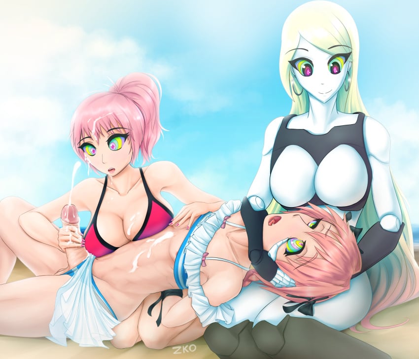 1boy 2girls andra_(lewd-zko) androgynous android arms_behind_back astolfo_(fate) beach bikini breasts crossdressing crystal_(lewd-zko) cum cum_on_body cum_on_breasts cum_on_face cum_on_hair doll_joints earrings erection expressionless facial fate/grand_order fate_(series) femboy femboy_on_female femdom handjob highres hypnosis jewelry joints lap_pillow large_breasts lewd-zko long_hair mind_control multiple_girls open_mouth original otoko_no_ko penis ponytail ringed_eyes robot saliva short_hair swimsuit trap zko