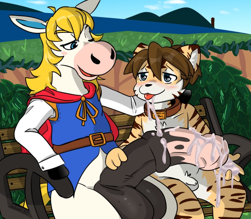 animal_crossing animal_genitalia animal_penis bench big_penis blonde_hair blue_eyes blush bodily_fluids brown_body brown_fur brown_hair bush_(disambiguation) cape clothing collar colton_(animal_crossing) cum cum_in_hand cum_in_mouth cum_inside cum_on_penis equid equine equine_penis felid flaccid fur genital_fluids genitals hair hi_res hooved_hands hooves huge_cock inubashiri male male/male mammal nintendo one_eye_closed pantherine penis shirt sitting tiger tongue tongue_out topwear video_games white_body white_fur wink