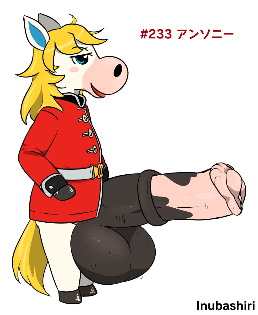 absurd_res animal_crossing animal_genitalia animal_penis big_penis blonde_hair blue_eyes clothing coat colton_(animal_crossing) equid equine equine_penis fur genitals hair hi_res hooved_hands hooves huge_cock inubashiri japanese_text male mammal nintendo penis simple_background text topwear video_games white_body white_fur