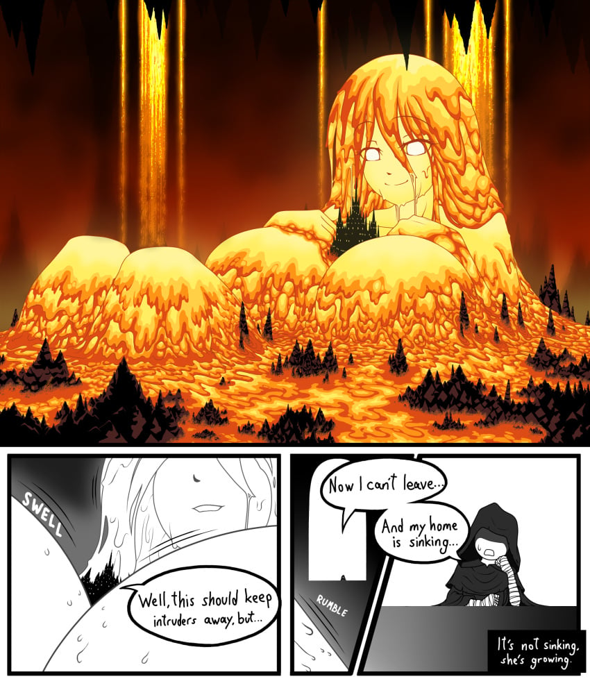 big_breasts breasts castle corruptking giantess growth huge_breasts lava lava_girl original panels source_request speech_bubble tagme volcanic_creature volcanic_setting volcano