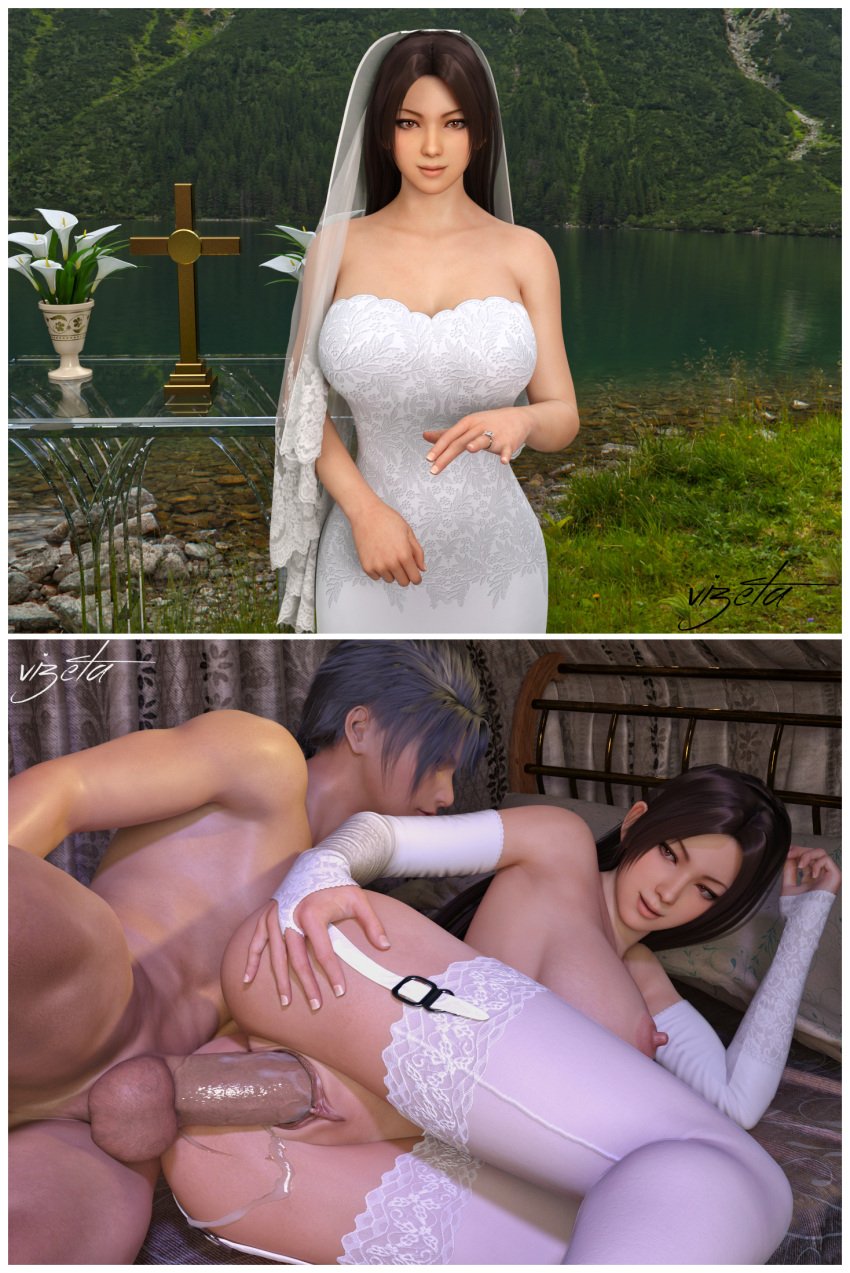 1boy 1girls 3d asian asian_female bridal_dress bridal_gauntlets bridal_legwear bridal_lingerie bridal_veil bride busty catholic cross dress fatal_fury flower hourglass_figure japanese japanese_female king_of_fighters mai_shiranui marriage marriage_ring married married_couple married_woman netorare ntr religion sex snk vizeta wedding_dress wide_hips wife