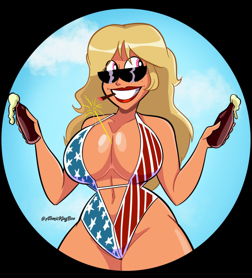 1girls 4th_of_july alternate_version_available american american_flag american_flag_bikini artist_name atomickingboo bikini blonde_hair bottle breasts busty cigarette cleavage commission drink eyewear female female_only glasses hourglass_figure light-skinned_female light_skin lips looking_over_eyewear looking_over_glasses national_personification one-piece_swimsuit original original_character pink_eyes smile smoking solo sunglasses swimsuit teeth tinted_eyewear united_states_of_america upper_body usa voluptuous watermark