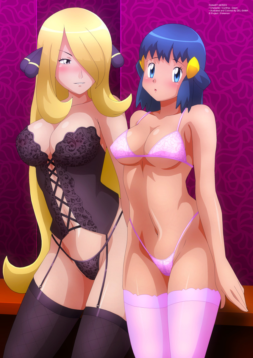 2girls amber_eyes black_corset black_g-string black_lace black_legwear black_lingerie black_stockings blonde_hair blue_eyes blue_hair blush bra champion corset cynthia_(pokemon) dawn_(pokemon) female_only fit_female hair_accessory large_breasts legwear lightly_tanned long_hair looking_at_another looking_at_viewer magenta_background nintendo nipples_visible_through_clothing panties pink_bra pink_g-string pink_lace pink_legwear pink_lingerie pink_panties pink_stockings pokemon pokemon_dppt tanned_skin toned_female underboob zel-sama