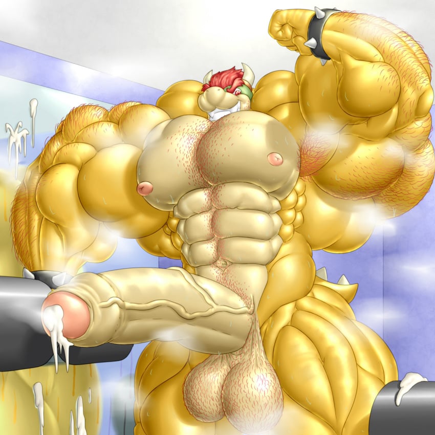 1:1 abs anthro armpit_hair big_muscles bodily_fluids body_hair bowser cum cum_leaking exercise extreme_muscles genital_fluids genitals half-erect hi_res huge_muscles hyper hyper_muscles koopa male male_only mario_(series) muscular muscular_anthro muscular_male nintendo nipples nude pecs penis scalie smile smirk solo solo_focus sweat video_games weightlifting workout zerozero