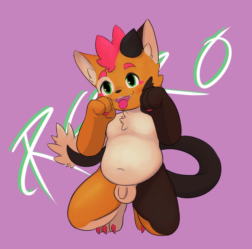 anthro chubby_male domestic_cat dragon felid feline felis furry hi_res hybrid kneeling looking_up male mammal nude retro_future slightly_chubby solo tongue tongue_out