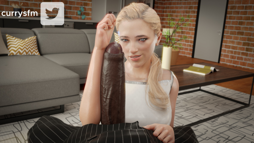 1boy 1girls 3d 3d_(artwork) android big_penis chloe_(detroit:_become_human) clothed_female_nude_male currysfm dark-skinned_male dark_skin detroit:_become_human forearm_cock huge_cock interracial measuring measuring_penis penis penis_measuring